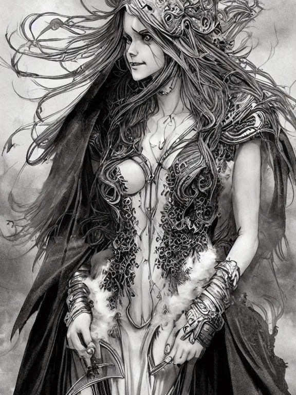 Prompt: fire sorceress, cocktail dress, long cloak, evil, grin, dnd, highly detailed, detailed face, monochrom, manga illustration, by artgerm, greg rutkowski, alphonse mucha