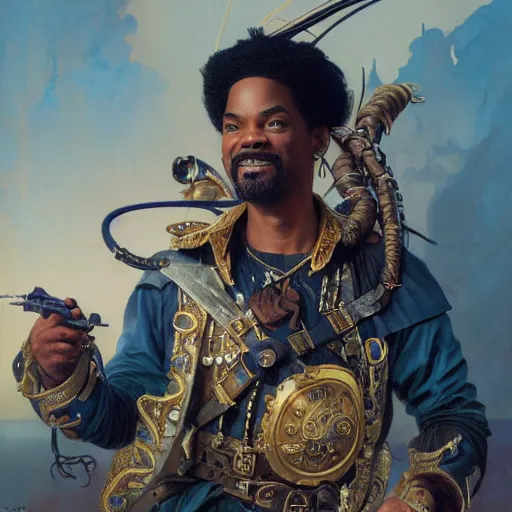 Image similar to chris rock dressed as a pirate and will smith dressed as a ninja, by adolf hiremy - hirschl and greg rutkowski and alphonse mucha, cosmic, intricate detail, cinematic, 8 k, cel shaded, unreal engine, featured on artstation, pixiv