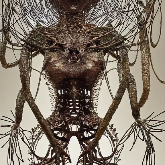 Image similar to symmetric frame from Prometheus, biomechanical gaia, by Neri Oxman and alexander mcqueen metal couture editorial, in mycelium macro mushroom hanging garden by giger by utagawa kuniyoshi by Yuko Shimizu