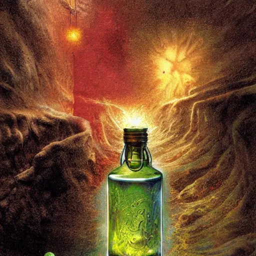 Prompt: A richly detailed fantasy digital art of an ancient vintage apothecary magic arcane nebula healing elixir potion bottle trading card an esoteric blender render by Bob Eggleton