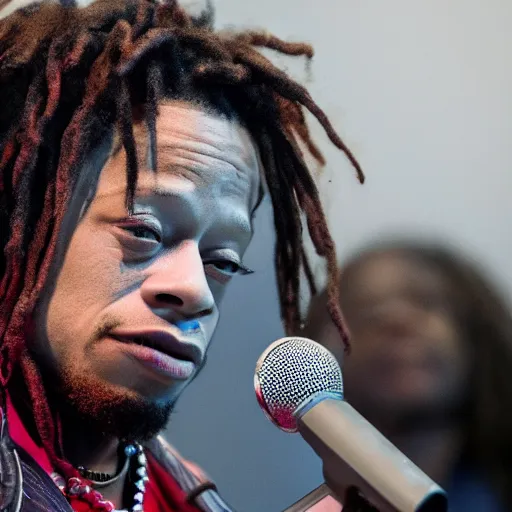 Image similar to cinematic still of Trippie Redd preaching at a Baptist Church in Rural Tennessee, close up, shallow depth of field, cinematic