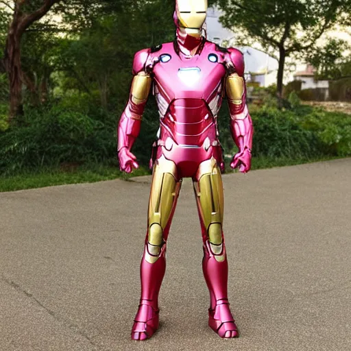 Prompt: pink and gold iron man suit, 4k realistic photo