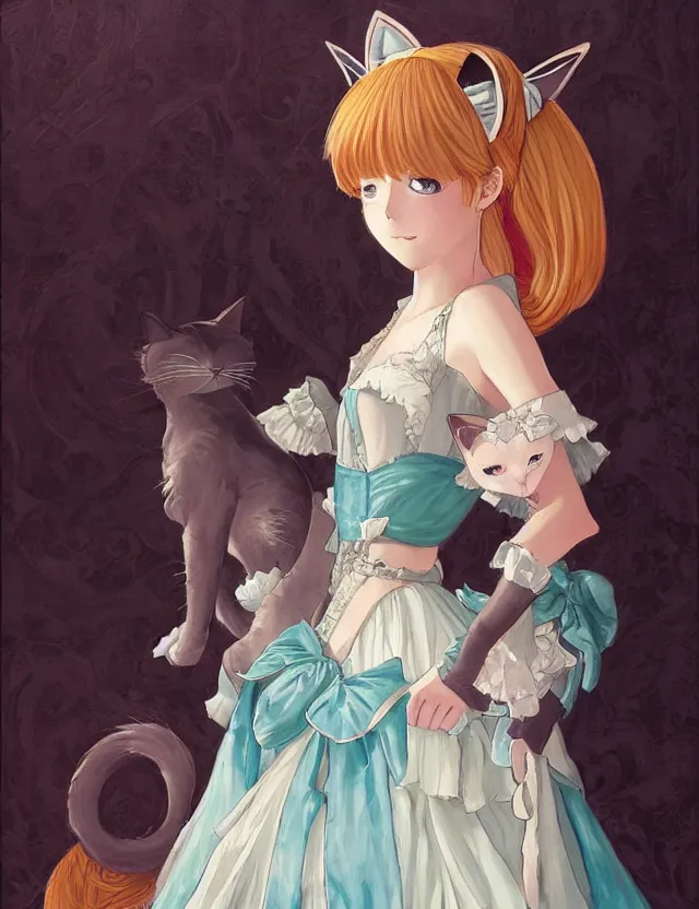 Prompt: princess with cat ears, wearing a lovely dress. this oil painting by the award - winning mangaka has impeccable lighting, an interesting color scheme and intricate details.