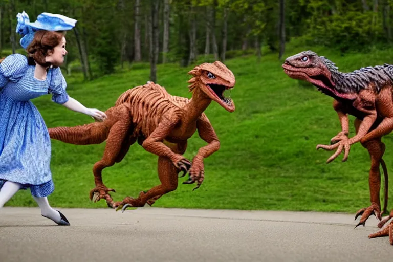 Prompt: Dorothy from the wizard of oz being chased down the yellow brick road by a velociraptor