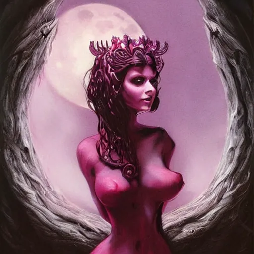 Image similar to portrait of princess of the dreamlands and moon beast, beautiful! coherent! by brom, deep colors, red maroon purple pink black, strong lines, rule of thirds