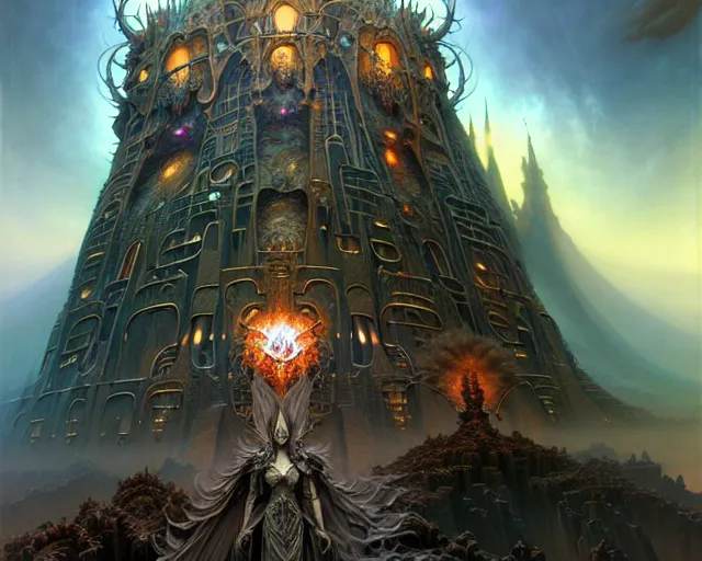 Image similar to the stronghold of evil, fantasy character portrait made of fractals facing each other, ultra realistic, wide angle, intricate details, the fifth element artifacts, highly detailed by peter mohrbacher, hajime sorayama, wayne barlowe, boris vallejo, aaron horkey, gaston bussiere, craig mullins