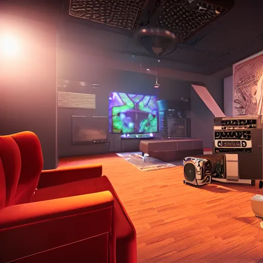 Image similar to A screenshot of a Virtual Reality music studio, living room vibe, Paris hotel style, red velvet furniture, light rays coming out of the windows, raytracing, highly detailed, futuristic, unreal engine 5, photoscanned, photorealistic,