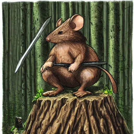 Prompt: Mouse Guard sits on a stump holding a sword, in deep forest, by rivuletpaper, rivuletpaper art, Mouse Guard by David Petersen, mouse photo, small details, realistic illustration, illustrations by Viktor Vasnetsov