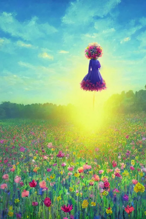 Image similar to closeup, giant flower head, girl in suit floating above field of flowers, surreal photography, sunrise, blue sky, dramatic light, impressionist painting, digital painting, artstation, simon stalenhag