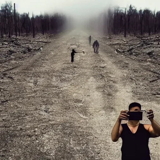 Prompt: a human taking the last selfie in existence with an apocalyptic background and horror in their eyes