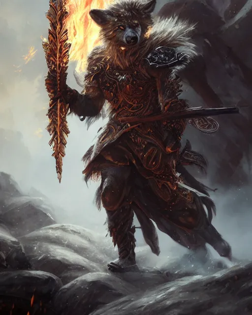 Prompt: oil painting of Anthropomorphized Wolf Warrior holding fire sword, wearing intricate fur armor, sharp focus, magical aura, heroic pose, fantasy style, octane render, volumetric lighting, 8k high definition, by greg rutkowski, highly detailed, trending on art Station, magic the gathering artwork, magical Battlefield backround, centered