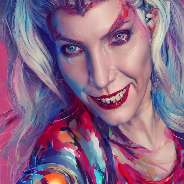 Prompt: portrait of Kate Hudson as a harley quinn. intricate abstract. intricate artwork. by Tooth Wu, wlop, beeple, dan mumford. octane render, trending on artstation, greg rutkowski very coherent symmetrical artwork. cinematic, hyper realism, high detail, octane render, 8k, iridescent accents