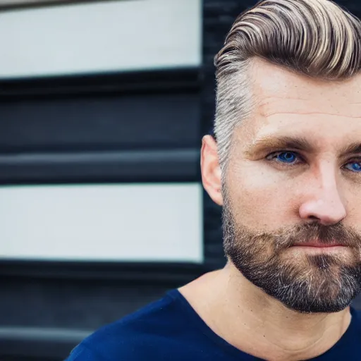 Prompt: close up of face of good looking 4 0 year old slavic blond man with blond stubble, very short wavy blond hair in a short pompadour style, pale skin, very dark blue eyes, hairy shoulders, hairy chest, portrait, 4 k