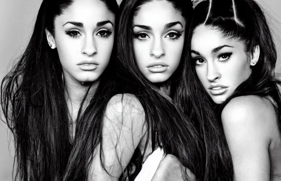 Image similar to award winning photo of Ariana Grande together with Megan Fox, symmetrical face by Sally Mann & Arnold Newman