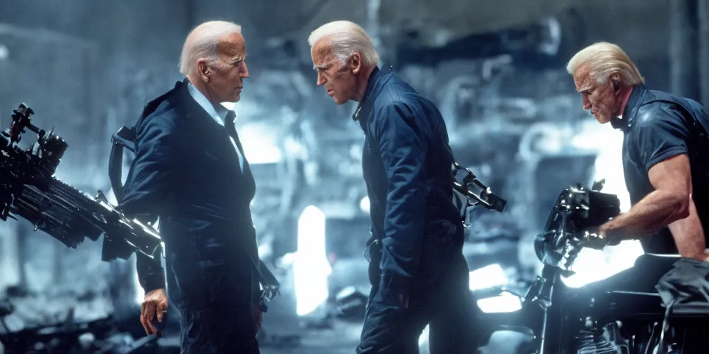 Image similar to joe biden in the terminator shooting terminator donald trump, cinematic, two characters, highly detailed, photorealistic, cinematic lighting, James Cameron,