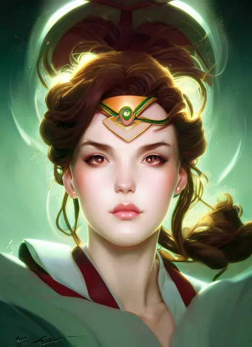 Image similar to asymmetry!! portrait of sailor jupiter!! gorgeous face, intricate, elegant, highly detailed, digital painting, artstation, concept art, smooth, sharp focus, illustration, art by ross tran artgerm and greg rutkowski and alphonse mucha, 8 k