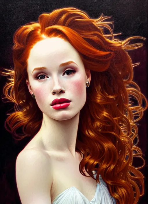 Image similar to oil portrait of madelaine petsch, intricate, elegant, highly detailed, lighting, painting, artstation, smooth, illustration, art by greg rutowski and alphonse mucha