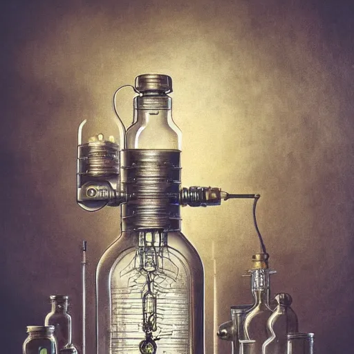 Prompt: a steampunk painting of a vintage poisonous potion bottle, lit by a single ray of sunlight in a dark dusty vintage science lab, by h. r. giger, hyperrealistic fantasy art, concept matte, ethereal, dreamy, digital art, trending on artstation, volumetric cinematic lighting