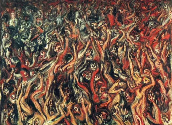 Image similar to mosh pit full of demons and beautiful women in hell ’ s nightclub, sfumato abstract oil on canvas, by rothko, by jackson pollock, by monet