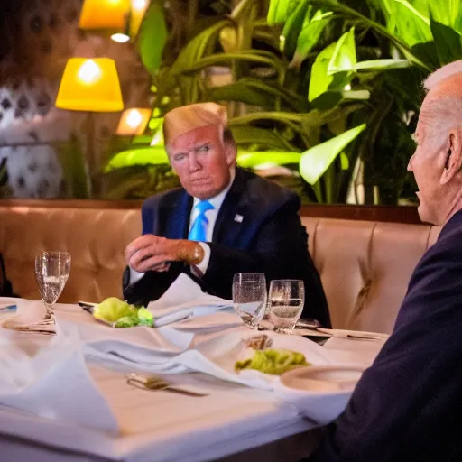 Image similar to Trump and Biden having dinner at a fancy Balinese restaurant, award winning cinematic photography, sigma 85mm Lens F/1.4, blurred background, perfect faces