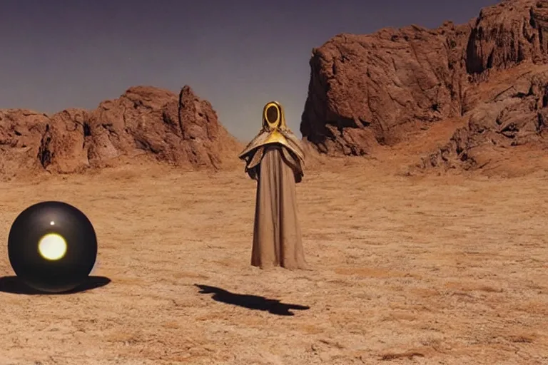 Prompt: levitating bene gesserit priest with full - face golden mask and glowing eyes in a dry rocky desert landscape, visible sky and sunny atmosphere, fata morgana giant mirrors, black star in the sky by alejandro jodorowsky and christopher doyle, anamorphic lens flares, kodakchrome, cinematic composition, practical effects, 8 k,