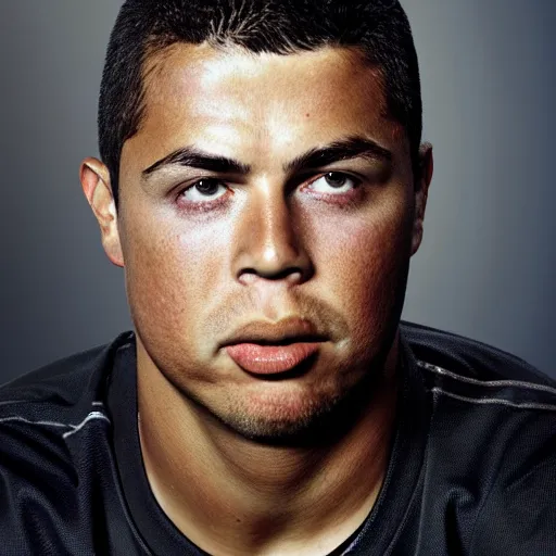 Prompt: ronaldo nazario fenomeno head and shoulders portrait photograph by martin schoeller