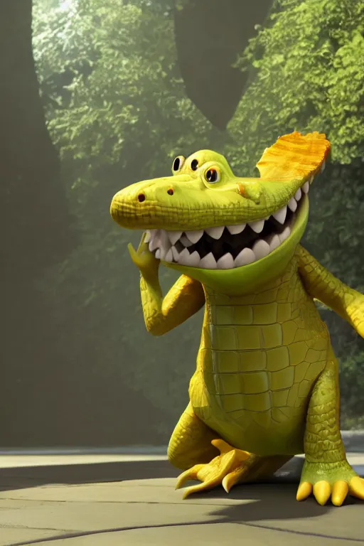 Image similar to a cute crocodile wearing a formal overcoat Pixar style 3D render octane render unreal engine 5 path tracing front shot cute Disney style 4K natural