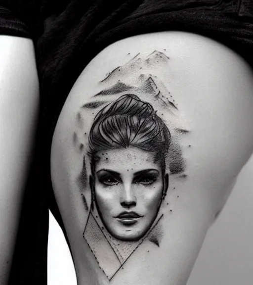 Image similar to tattoo design sketch of an extremely beautiful woman face next to a faded background of beautiful mountains on her side, hyper - realistic, double exposure effect, in the style of matteo pasqualin, amazing detail, black and white, faded