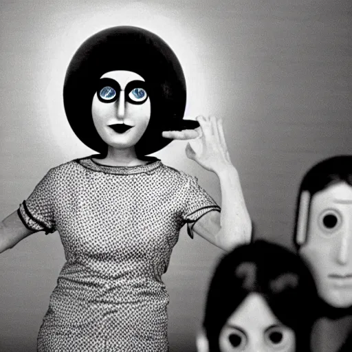 Image similar to woman with prosthetic nose enters an eyeball cult, 1977 live-action children's tv show, color