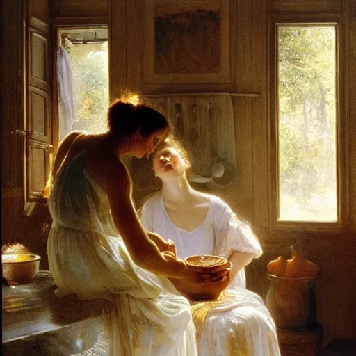 Image similar to guy feirri in a kitchen, painting by Pierre Auguste Cot, dramatic lighting