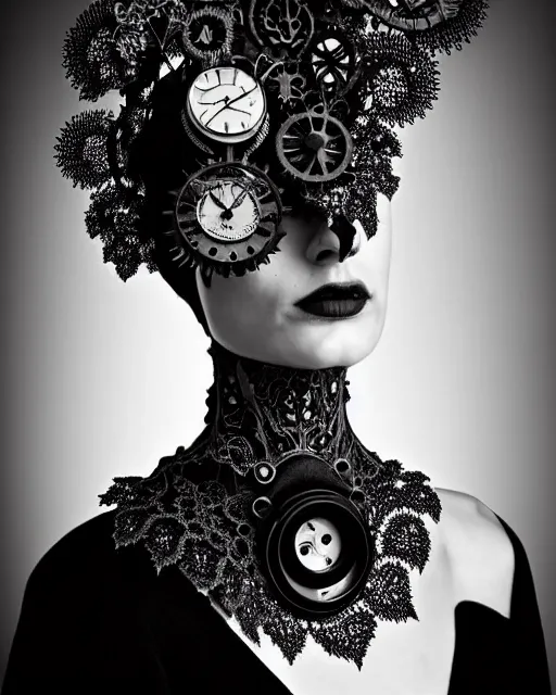 Image similar to surreal dark poetic black and white photo portrait of complex bio-mechanical beautiful young silver female vegetal-cyborg with a Mandelbrot fractal steampunk metal fine lace face, a very long neck and a fine metal floral foliage super big lace collar by Vivienne Westwood:: smoke, high fashion, haute couture, rococo, steampunk, avant-garde, silver filigree details, anatomical, facial muscles, cable wires, microchip, elegant, dreamy, foggy atmosphere, hyper realistic, 150 mm lens, soft rim light, octane render, unreal engine, picture was taken in 1910 by Man Ray, volumetric lighting, dramatic light,8k,