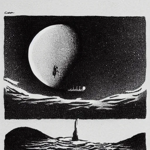 Prompt: moon reflected in the sea drawing by richard corben