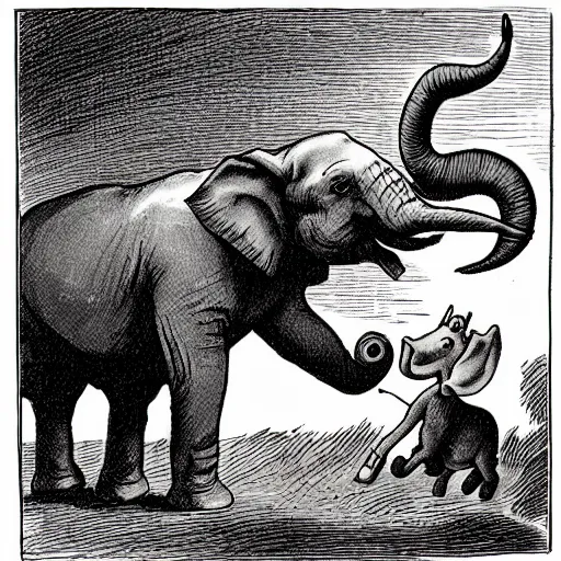 Image similar to a political cartoon of an elephant aggressively berating a donkey.