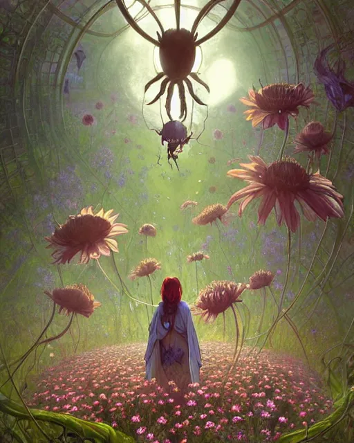 Prompt: the platonic ideal of flowers, sprouting, insects and praying of cletus kasady carnage davinci mandala ponyo alice in wonderland dinotopia watership down, hollow knight, d & d, fantasy, ego death, mdma, dmt, psilocybin, concept art by greg rutkowski and simon stalenhag and alphonse mucha