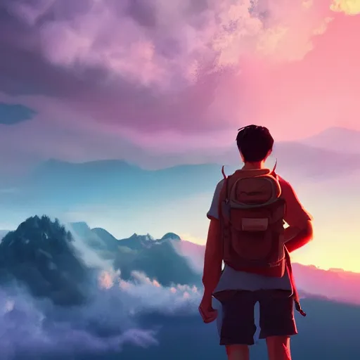 Image similar to young man facing the desperate and endless call of the void, mountain top above clouds, beautiful sunset, unreal 5 render, vivid colors, high detail, studio ghibli, digital art, octane render, beautiful composition, trending on artstation, award - winning photograph, masterpiece