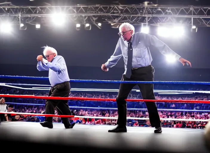 Image similar to photo still of bernie sanders in the ring at wrestlemania 3 6!!!!!!!! at age 7 8 years old 7 8 years of age!!!!!!! with a t - shirt gun, 8 k, 8 5 mm f 1. 8, studio lighting, rim light, right side key light