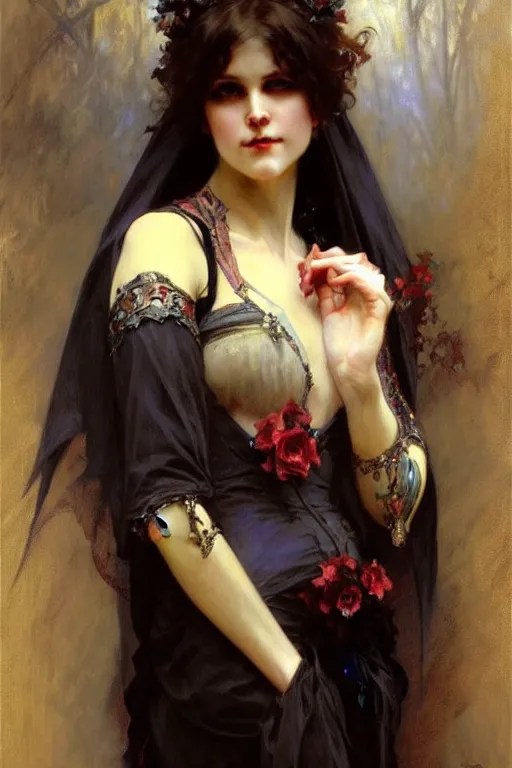 Prompt: gothic lady, painting by daniel gerhartz, alphonse mucha, bouguereau, detailed art, artstation