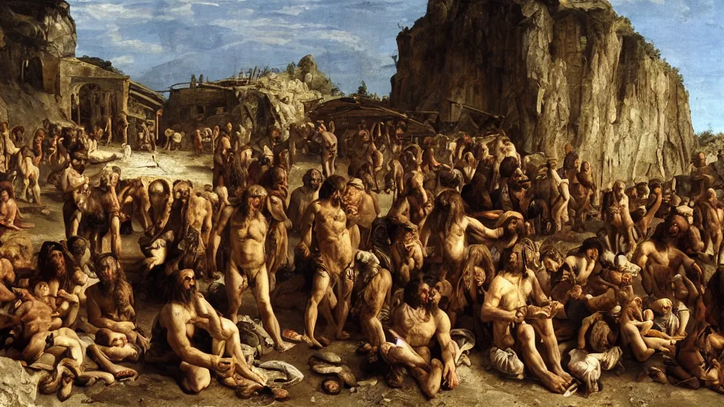 Prompt: neanderthal market, italian renaissance