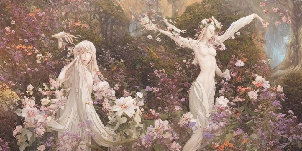 Image similar to breathtaking detailed concept art painting of the hugs goddesses of white flowers, orthodox saint, with anxious, piercing eyes, ornate background, amalgamation of leaves and flowers, by Hsiao-Ron Cheng, James jean, Miho Hirano, Hayao Miyazaki, extremely moody lighting, 8K
