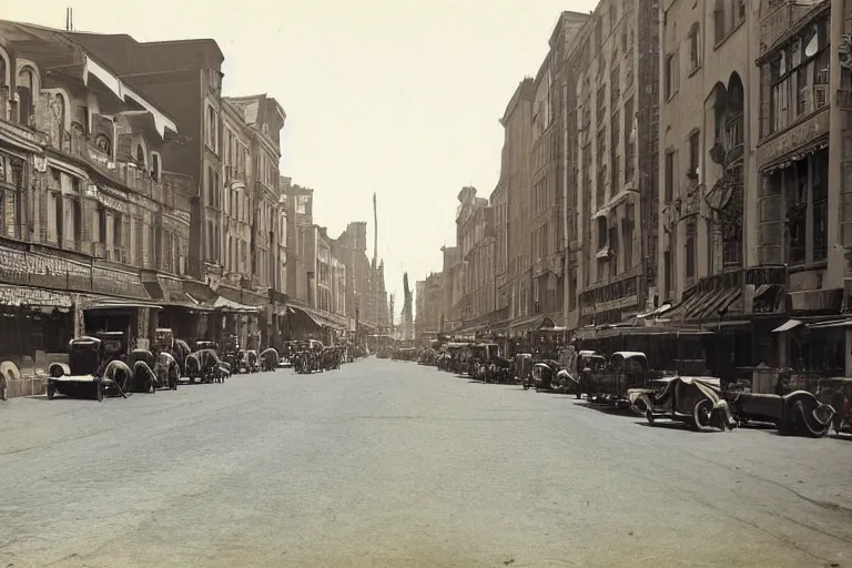 Prompt: street view of a city in 1920, colour photo, cars and traffic