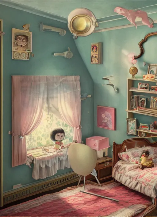 Image similar to highly detailed wide - angle portrait of a retro 1 9 6 0 s bedroom, nicoletta ceccoli, mark ryden, lostfish, earl nore, hyung tae, frank frazetta, global illumination, god rays, detailed and intricate environment