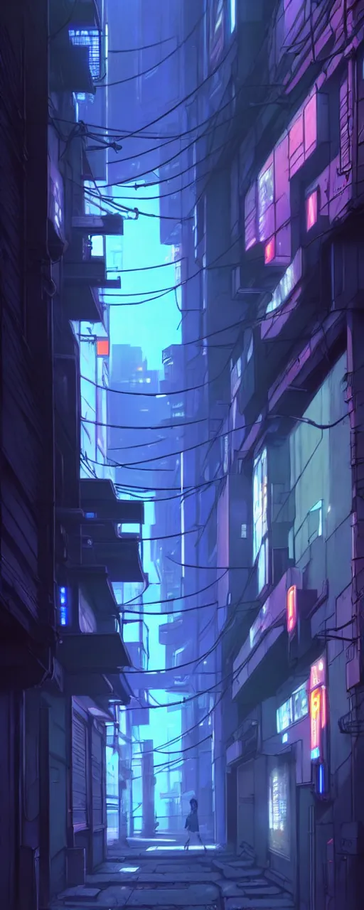 Image similar to city alleyway in the atmospheric cyberpunk anime film, gouache matte background painting, neon noir, at night with lights, by makoto shinkai, in the anime series ergo proxy, beautiful specular edge highlights and rim lighting