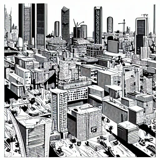 Prompt: decrepit brutalist cityscape vector line art in the style of “ geoff darrow ” black and white 1 6 : 1