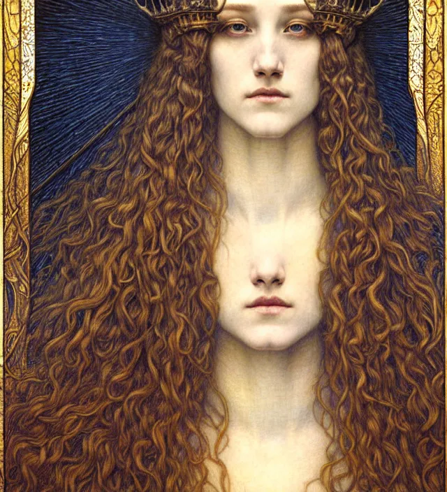 Image similar to detailed realistic beautiful young medieval queen face portrait by jean delville, gustave dore and marco mazzoni, art nouveau, symbolist, visionary, gothic, pre - raphaelite. horizontal symmetry