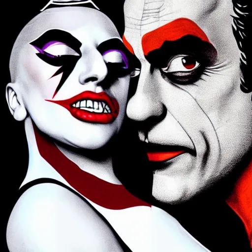 Image similar to richard hamilton and mimmo rottela as lady gaga harley queen and joaquin phoenix joker kissing, pop art, medium long shot, 2 color, justify content center, object details, dynamic composition, 4 k, ultra realistic art, smooth, sharp focus, illustration, concept art, intricate details, h 7 6 8