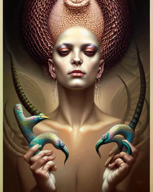 Image similar to a detailed portrait of dreampunk flamingo python hybrid mix beautiful! goddess by tomasz alen kopera and peter mohrbacher