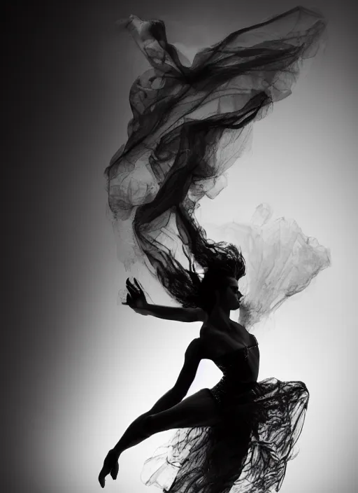 Image similar to a Photorealistic dramatic hyperrealistic render of a glamorous beautiful Female smoke dancer by Ken Brower and Deborah Ory of NYC Dance project,Lois Greenfield,Flowing cloth and smoke,Beautiful dynamic dramatic dark moody lighting,volumetric,shadows,cinematic atmosphere,Octane render,8K