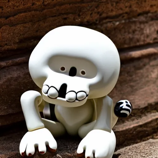 Image similar to a smiling off-white colored cheburashka skeleton shiny porcelain figurine sitting in front of a neutral background, 4k, high definition, detailed product shot, kaws, Jeff koons”