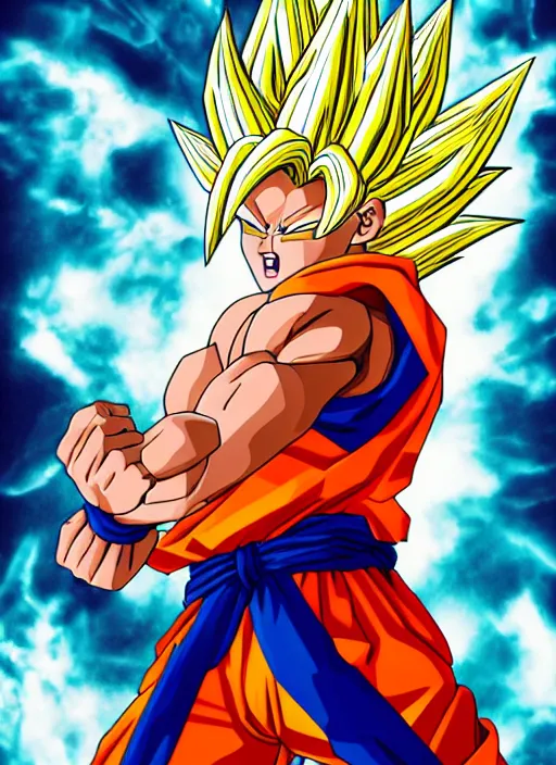 Image similar to a full portrait photo of super saiyan son goku, f / 2 2, 3 5 mm, 2 7 0 0 k, lighting, perfect faces, award winning photography.