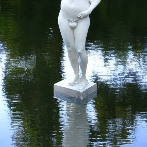 Prompt: A marble statue reflected in the water.